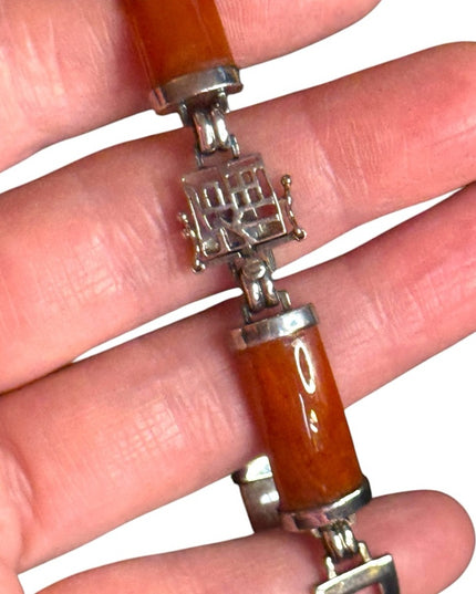 JADE Panel Bracelet STERLING SILVER GSI Hong Kong Orange Brown Link Bracelet