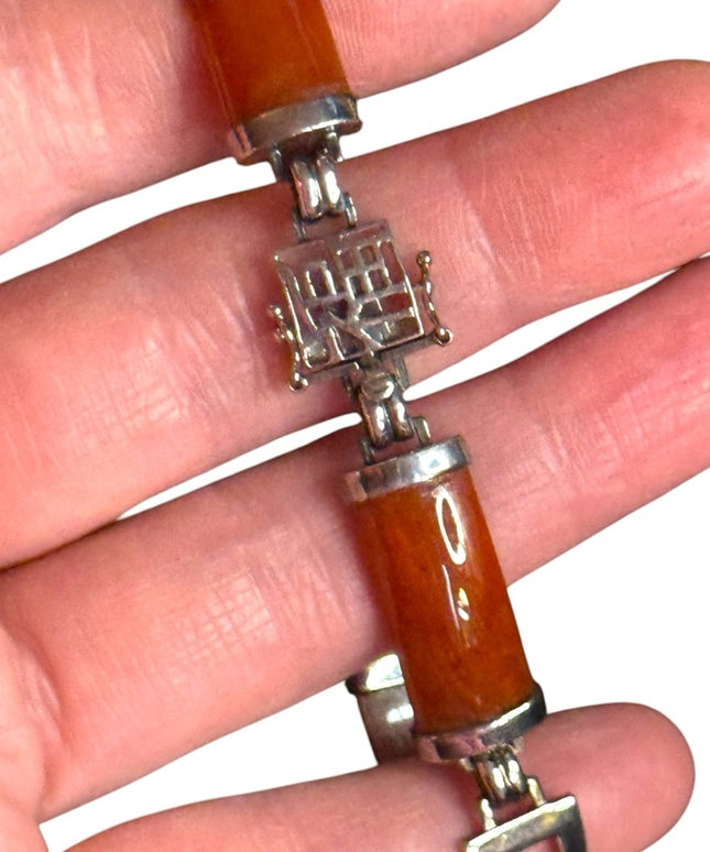 JADE Panel Bracelet STERLING SILVER GSI Hong Kong Orange Brown Link Bracelet