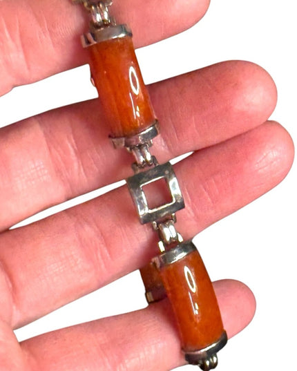JADE Panel Bracelet STERLING SILVER GSI Hong Kong Orange Brown Link Bracelet