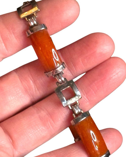 JADE Panel Bracelet STERLING SILVER GSI Hong Kong Orange Brown Link Bracelet