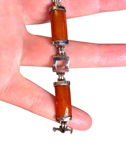 JADE Panel Bracelet STERLING SILVER GSI Hong Kong Orange Brown Link Bracelet