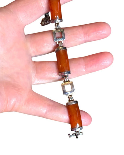 JADE Panel Bracelet STERLING SILVER GSI Hong Kong Orange Brown Link Bracelet