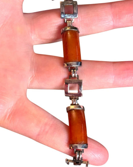 JADE Panel Bracelet STERLING SILVER GSI Hong Kong Orange Brown Link Bracelet