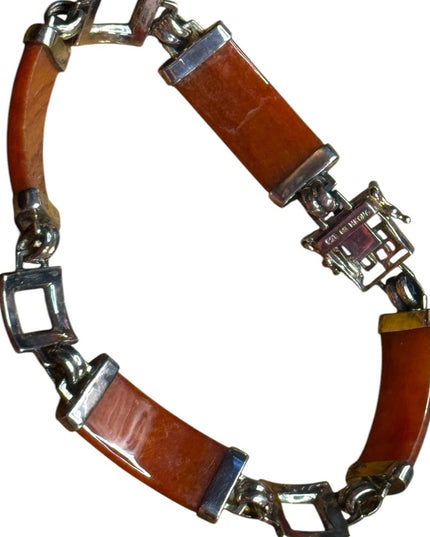 JADE Panel Bracelet STERLING SILVER GSI Hong Kong Orange Brown Link Bracelet