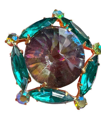 Vintage Iridescent Rivoli Glass Green Crystal Brooch gold finish