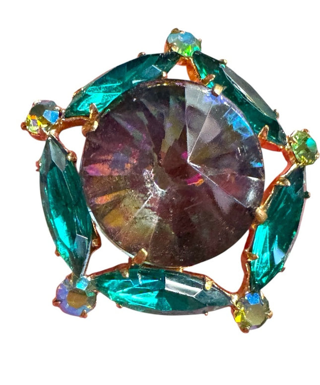 Vintage Iridescent Rivoli Glass Green Crystal Brooch gold finish