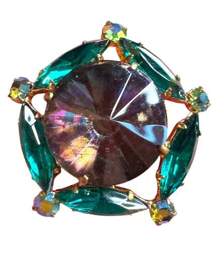 Vintage Iridescent Rivoli Glass Green Crystal Brooch gold finish