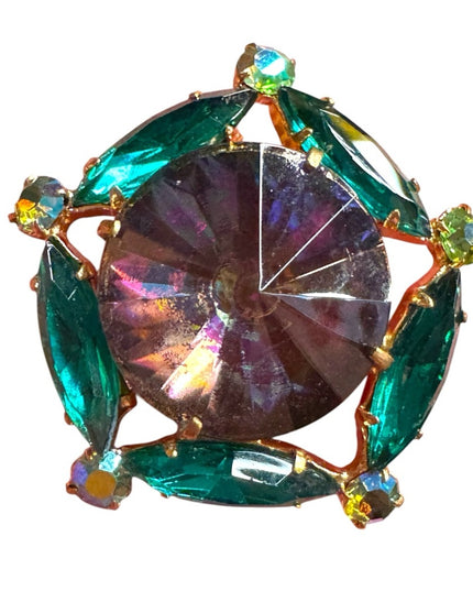 Vintage Iridescent Rivoli Glass Green Crystal Brooch gold finish