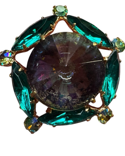 Vintage Iridescent Rivoli Glass Green Crystal Brooch gold finish