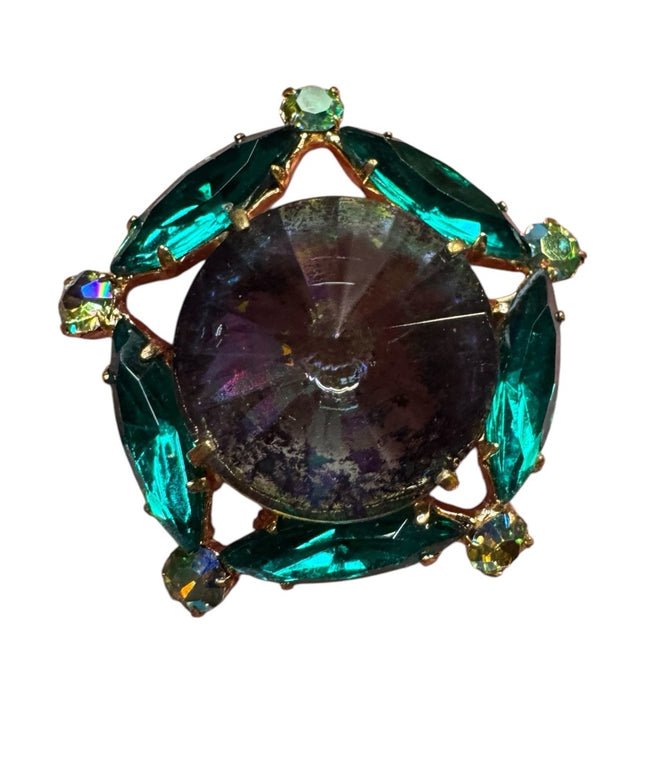Vintage Iridescent Rivoli Glass Green Crystal Brooch gold finish