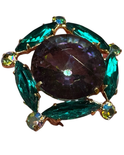 Vintage Iridescent Rivoli Glass Green Crystal Brooch gold finish