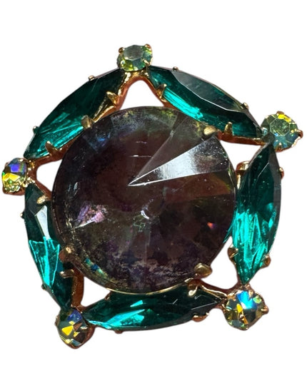 Vintage Iridescent Rivoli Glass Green Crystal Brooch gold finish