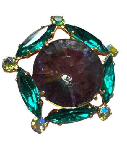 Vintage Iridescent Rivoli Glass Green Crystal Brooch gold finish