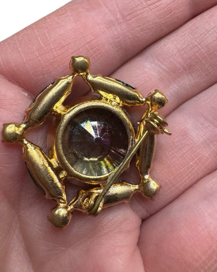 Vintage Iridescent Rivoli Glass Green Crystal Brooch gold finish