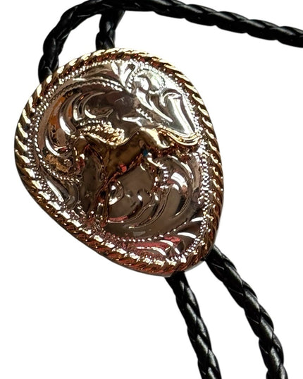 Vintage Western Style Bolo Tie with Silver and Gold Accents Galloping Horse