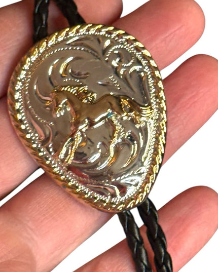 Vintage Western Style Bolo Tie with Silver and Gold Accents Galloping Horse