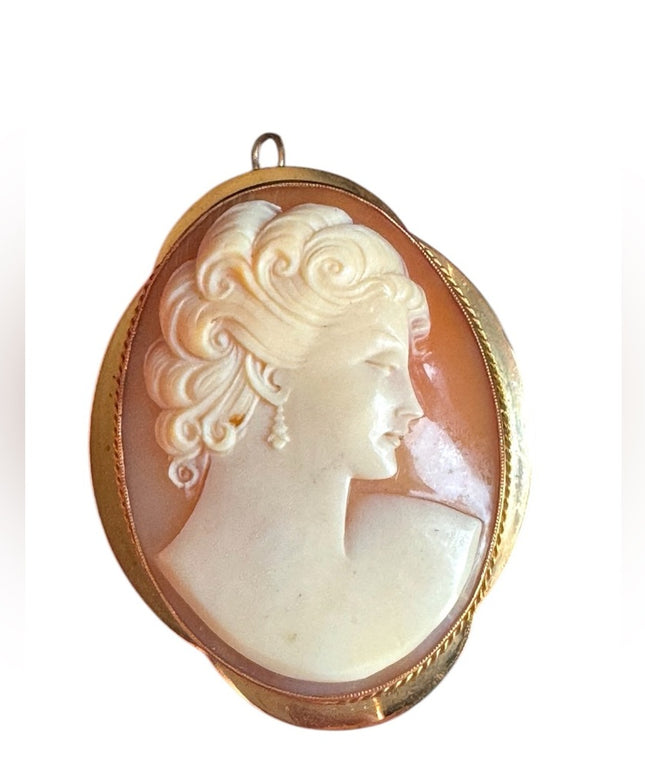 Vintage 10k Gold BIRKS Large hand carved Shell Cameo Brooch pendant-