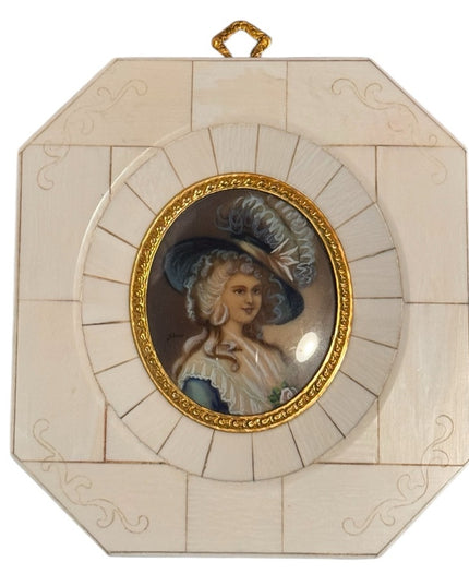Vintage Art ANTIQUE FRENCH MINIATURE PORTRAIT PAINTING LADY 19th Century