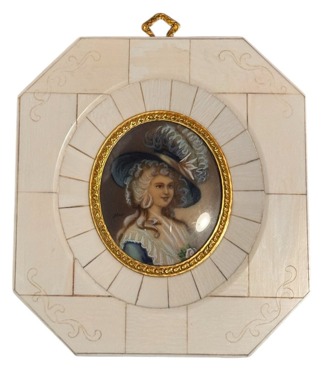 Vintage Art ANTIQUE FRENCH MINIATURE PORTRAIT PAINTING LADY 19th Century