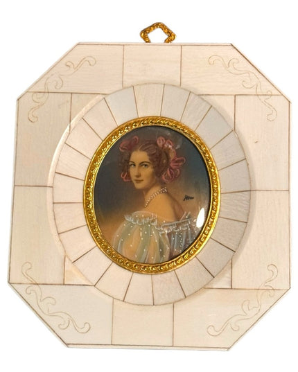 Vintage Art ANTIQUE FRENCH MINIATURE PORTRAIT PAINTING LADY 19th Century