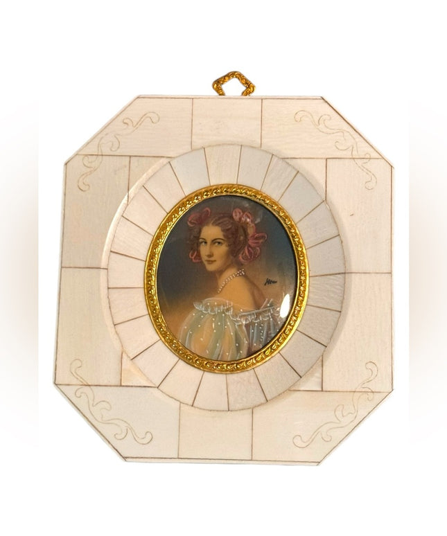 Vintage Art ANTIQUE FRENCH MINIATURE PORTRAIT PAINTING LADY 19th Century