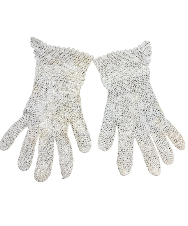 Antique Cream Crochet Lace Gloves Handmade Art Deco Victorian