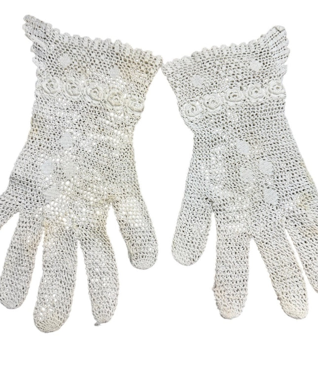 Antique Cream Crochet Lace Gloves Handmade Art Deco Victorian