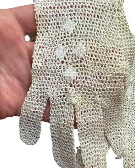Antique Cream Crochet Lace Gloves Handmade Art Deco Victorian