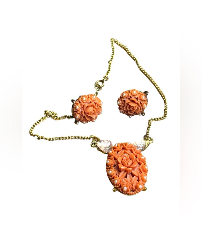 Vintage Coro Floral Faux Coral pearl Jewelry Set Necklace earrings gold finish
