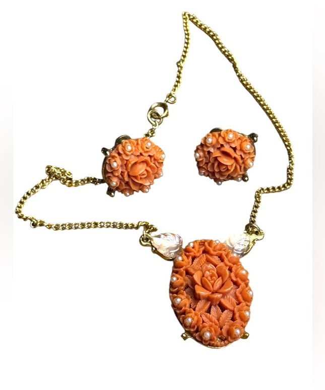 Vintage Coro Floral Faux Coral pearl Jewelry Set Necklace earrings gold finish
