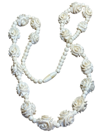 Antique Celluloid Floral Carved Flower White Rose Beaded Necklace