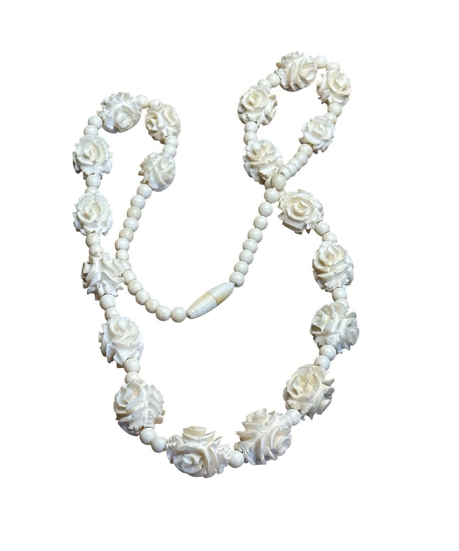 Antique Celluloid Floral Carved Flower White Rose Beaded Necklace
