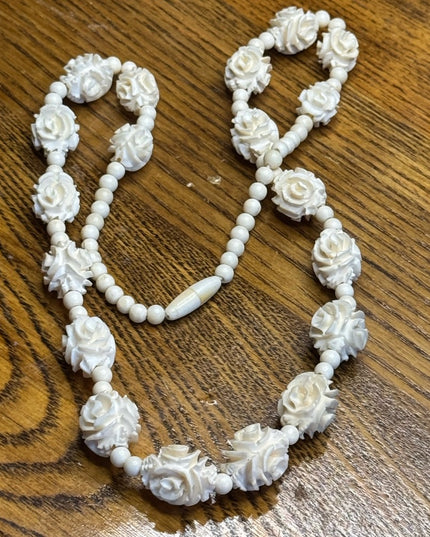 Antique Celluloid Floral Carved Flower White Rose Beaded Necklace