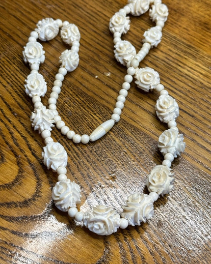 Antique Celluloid Floral Carved Flower White Rose Beaded Necklace