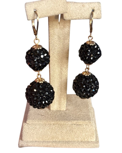 Vintage Elegant black
rhinestone
crystal ball Drop Earrings gold finish