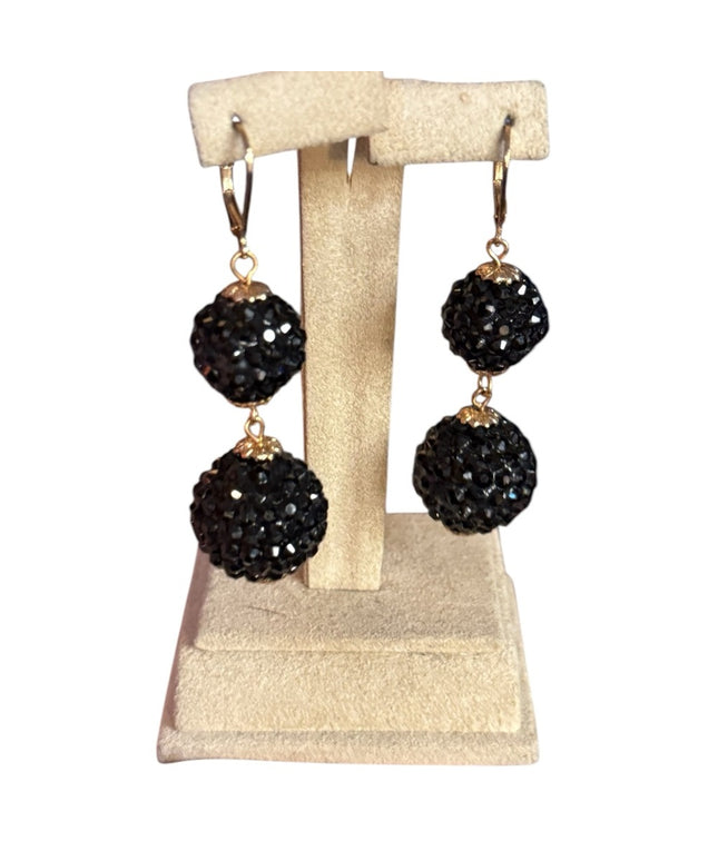 Vintage Elegant black
rhinestone
crystal ball Drop Earrings gold finish