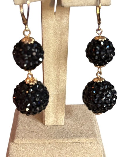 Vintage Elegant black
rhinestone
crystal ball Drop Earrings gold finish