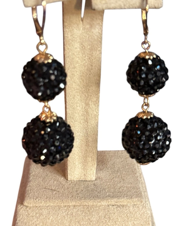 Vintage Elegant black
rhinestone
crystal ball Drop Earrings gold finish