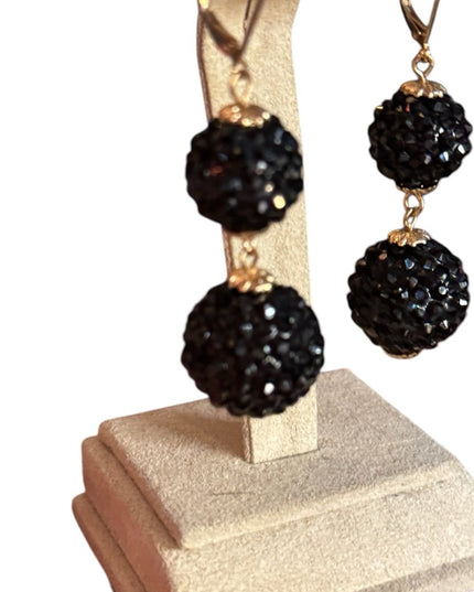 Vintage Elegant black
rhinestone
crystal ball Drop Earrings gold finish