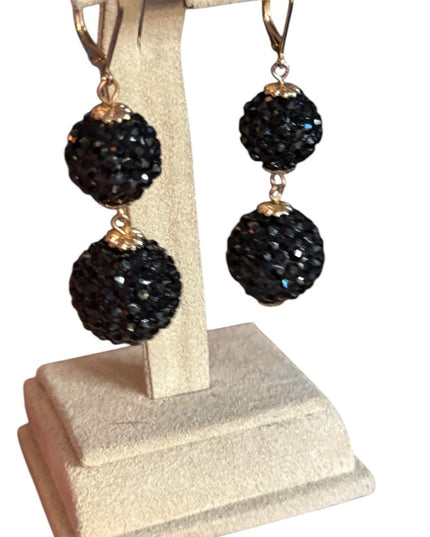 Vintage Elegant black
rhinestone
crystal ball Drop Earrings gold finish