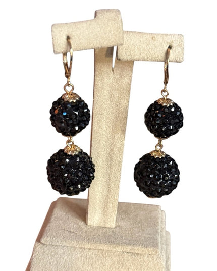 Vintage Elegant black
rhinestone
crystal ball Drop Earrings gold finish