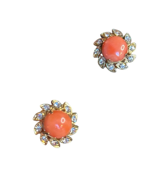 Vintage Gold Coral Stud rhinestone Earrings