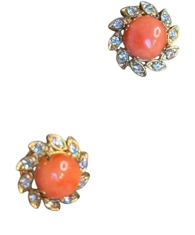 Vintage Gold Coral Stud rhinestone Earrings