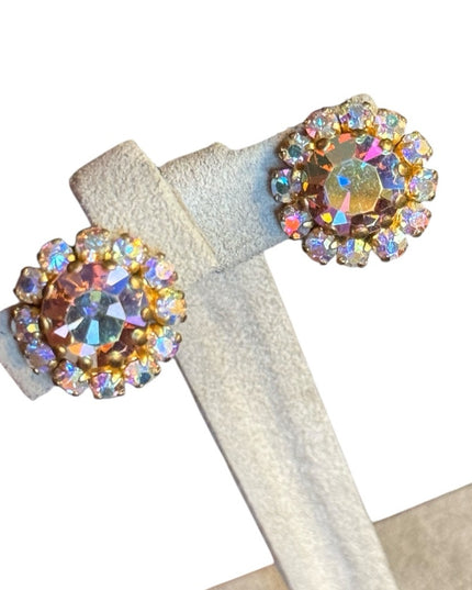 Vintage Elegant 1950s Champagne Gold-Tone clip on Crystal Earrings