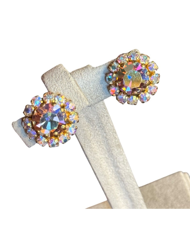 Vintage Elegant 1950s Champagne Gold-Tone clip on Crystal Earrings