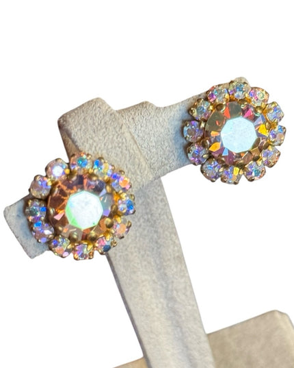 Vintage Elegant 1950s Champagne Gold-Tone clip on Crystal Earrings