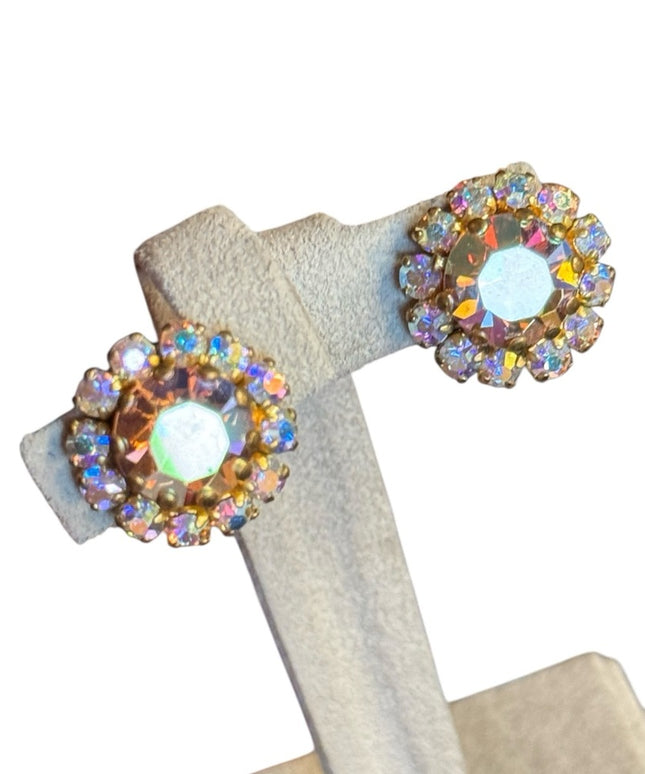 Vintage Elegant 1950s Champagne Gold-Tone clip on Crystal Earrings
