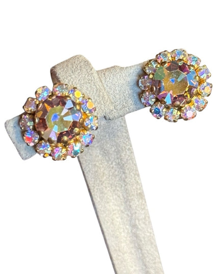Vintage Elegant 1950s Champagne Gold-Tone clip on Crystal Earrings