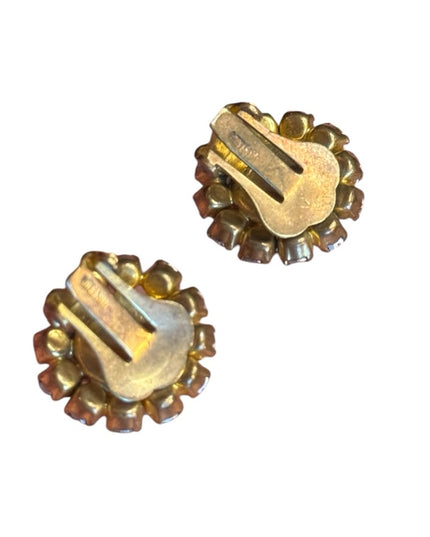 Vintage Elegant 1950s Champagne Gold-Tone clip on Crystal Earrings