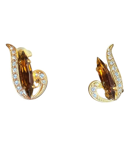 Vintege gold Elegant Amber crystal clip on Earrings